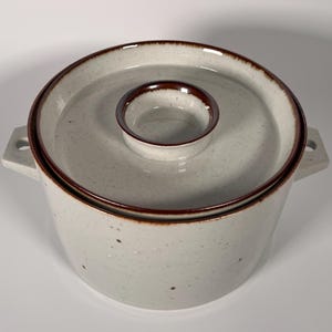 May include: A round ceramic casserole dish with a lid, featuring a light gray speckled finish and a dark brown rim. The pot includes two side handles with small circular cutouts and a central circular knob on the lid, both accented in brown.