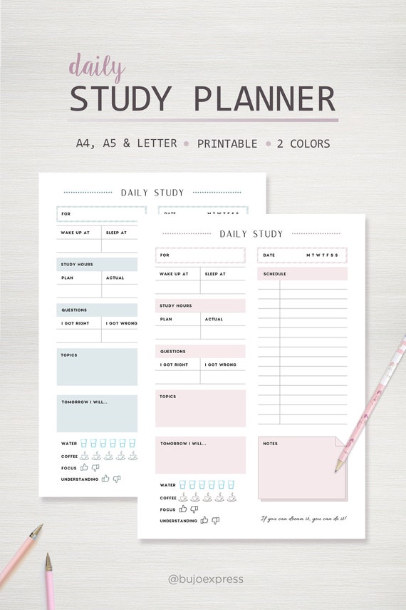 Study Planner daily planner printable planner A5 A4 letter | Etsy