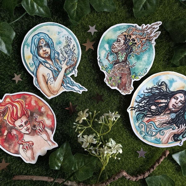 Four elements stickers, wiccan elements, grimoire stickers, forest witch art, pagan green witch art, witchcraft stickers, wicca symbols art