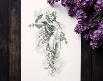 Lilith Fallen Angel Art Print – Dark Feminine Wall Art – Occult Witch Drawing – Witchcraft symbol–Pagan Mythology Wiccan Decor -Mystic witch