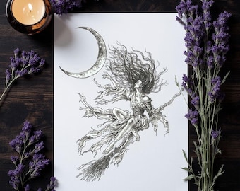 Witch on broom wall art- Hand drawn witch- Wiccan pagan- Witchy art print- Mystical moon wall art- Dark feminine artwork- Pagan home decor