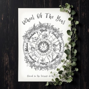 Wheel of the Year print - Wiccan pagan sabbats calendar -Hand drawn witchcraft wall art -Book of shadows pages -Pagan holiday altar print