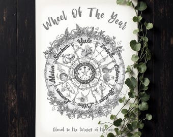 Impressão da Roda do Ano - Calendário de sabás pagãos Wiccan - Arte de parede de bruxaria desenhada à mão - Páginas do Livro das Sombras - Impressão de altar de feriado pagão