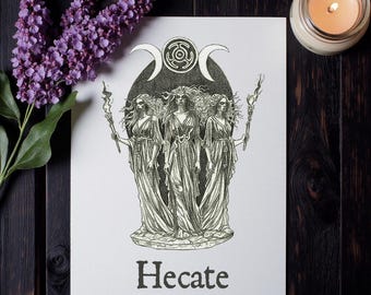 May include: A black and white illustration of three robed figures holding torches, with the word "Hecate" below. The image is on a white background, with a sprig of purple flowers and a lit candle in a glass jar nearby.