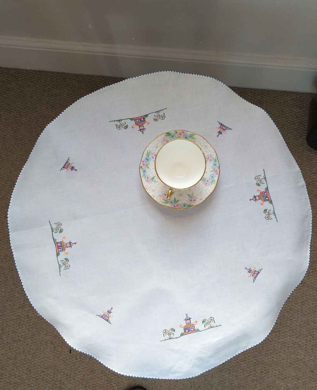 Vintage Round Table Cloth Crossstitching Linen Etsy UK
