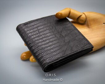 Cartera plegable de piel de lagarto hecha a mano: billetera fina personalizada para hombre