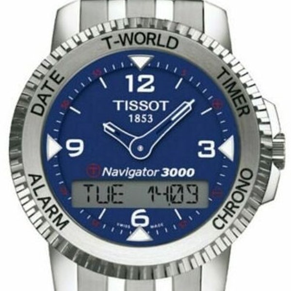 Tissot T-Touch Navigator 3000 herenhorloge blauwe wijzerplaat met bruine exotische lederen riem en inzetsluiting