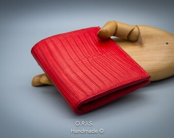 Cartera plegable de piel de lagarto hecha a mano: Cartera unisex roja personalizada
