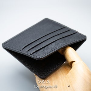 Porte-cartes en cuir, petit portefeuille en cuir, portefeuille compact, portefeuille de poche avant en noir Français portefeuille minimaliste Chèvre hommes femmes