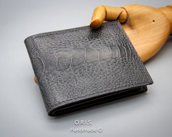 Cartera plegable de piel de avestruz gris: Cartera de hombre hecha a mano