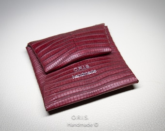 Porte-monnaie en cuir lézard magenta : petite pochette faite main