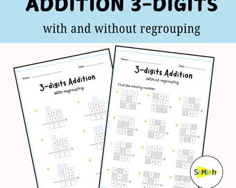 Printable 3-Digit Addition Worksheets for 2nd 3rd Grade Math, Addition Practice with and without Regrouping (PDF Download)