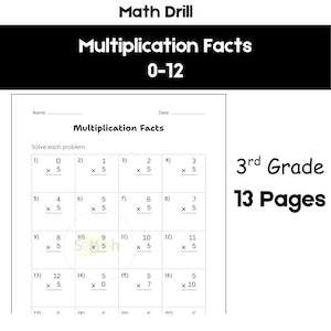 Pode incluir: Uma folha de exercícios de matemática de 13 páginas para o terceiro ano com tabuadas de 0 a 12. O documento inclui o cabeçalho Math Drill e Multiplication Facts 0-12, com uma grade de problemas de multiplicação numerados para resolver.