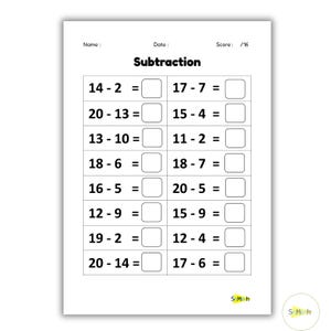 May include: A black and white printable worksheet with the title "Subtraction" and a series of math problems for students to solve. The problems involve subtracting two-digit numbers from each other.