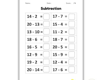 12 hojas de ejercicios imprimibles de resta hasta 20 para completar (números del 1 al 20) – Práctica de matemáticas para jardín de infancia y primer grado (descarga instantánea en PDF)