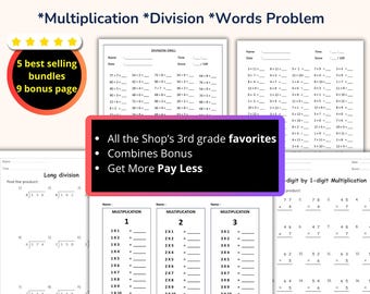 3rd Grade Math Worksheets Bundle – Multiplication, Division, Word Problems (PDF Download)