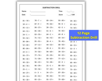 Math worksheets Subtraction Drill Number 1-100 For 3rd Grade Math, PDF Download