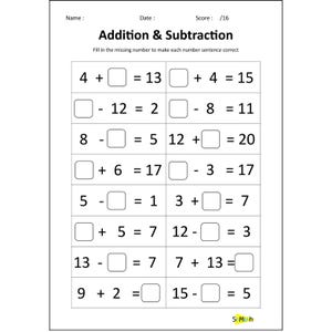 12 Printable Addition and Subtraction Worksheets 1–20, Single-digit ...