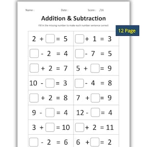 May include: A white worksheet with the title "Addition & Subtraction" and math problems. The worksheet has fill-in-the-blank equations. The top right corner has the text "12 Page".