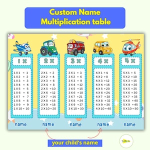 Custom Name Multiplication Table 1-10 | Kids Math Chart with Transportation Theme | Personalized Times Tables | Educational Resources