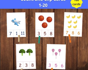 Tarjetas imprimibles para contar y recortar del 1 al 20, actividad de reconocimiento de números para preescolares (descarga instantánea)