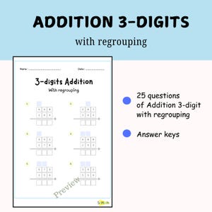 Printable Addition Worksheets, 3 digit addition number, With And Without Regrouping, Math Drills, Fun & Engaging Math Practice for Kids