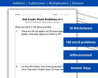 3rd Grade Math Word Problems, Differentiated, All Operations (PDF Printable Worksheets)