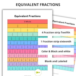 May include: Educational print featuring fraction strips for math lessons. The strips are color-coded and labeled with fractions from 1/2 to 1/12. The text "Equivalent Fractions" is at the top. Additional strips are labeled "4 Fraction strip Twelfth" and "1 Fraction strip sixteenth".