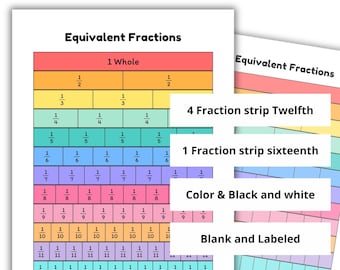 Fraction Strips Printable, Equivalent Fractions Bar, Blank & Labeled Twelfths Sixteenths, Math Manipulatives, 3rd 4th grade math worksheets