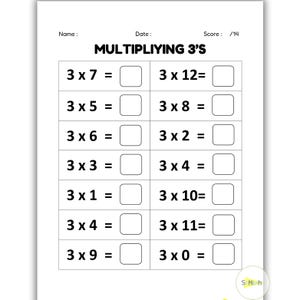 May include: A black and white worksheet with the title "MULTIPLIYING 3'S". The worksheet has 14 multiplication problems with the number 3 as the first factor. The problems are arranged in two columns. The answers are to be written in blank boxes.