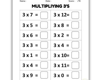 24 hojas de multiplicación imprimibles, completa los espacios en blanco - Multiplicación de números de un solo dígito del 1 al 12, práctica de matemáticas