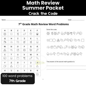 Pacchetto estivo di ripasso di matematica per la settima classe / Decifra il codice del mistero matematico / Schede di ripasso di fine anno / Problemi di testo in PDF