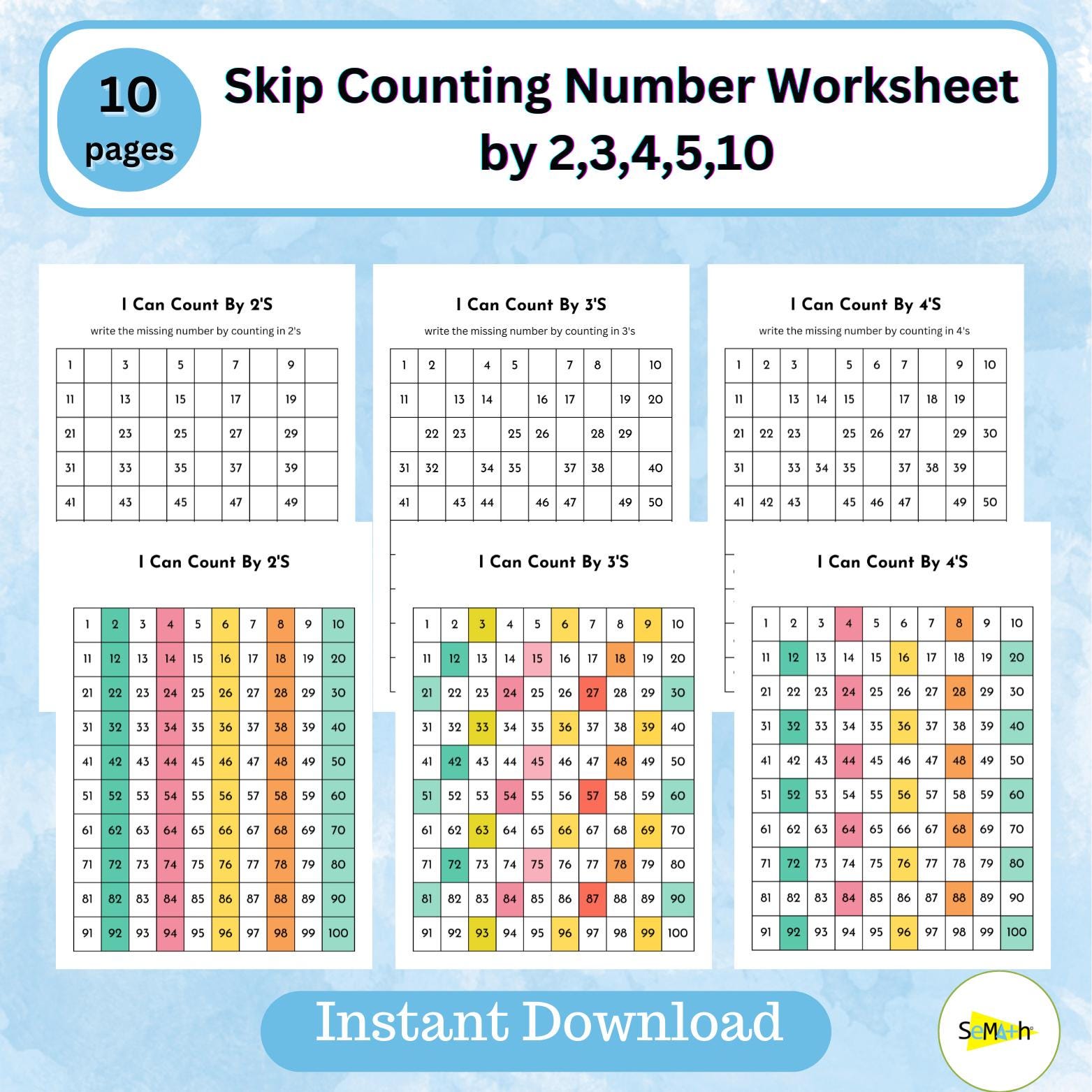 Skip Counting Worksheets: Math Charts for Kids, First Grade Math ...