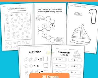 First Grade Summer Math Packet | Summer Activities Worksheets | Addition, Subtraction, Skip Counting, Telling Time | Digital Download