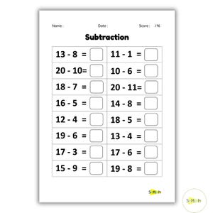 12 Printable Subtraction Worksheets, Fill in the Blanks Worksheets (Numbers 1-20) for Kindergarten-1st Grade-2nd Grade Math, Math Practice