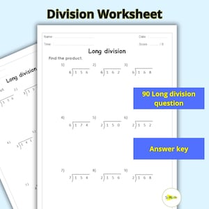 Może przedstawiać: Biała karta pracy zatytułowana "Division Worksheet" z zadaniami z "Długiego dzielenia". Arkusz zawiera miejsce na imię, datę i wynik. Obraz zawiera również tekst "90 Long division question" i "Answer key".