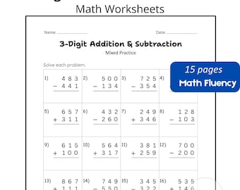Printable 3-Digit Addition and Subtraction Worksheets, Mixed Operations Practice, with Answers page, 2nd - 3rd Grade Math