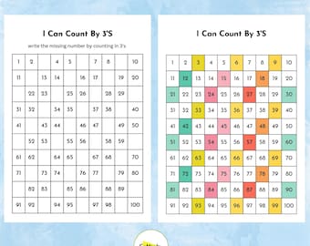 May include: Two colorful worksheets with a grid of numbers from 1 to 100. The worksheets are titled "I Can Count By 3's" and instruct the user to write the missing number by counting in 3's. The worksheets are designed for children learning to count by 3's.
