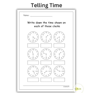 May include: A black and white worksheet with the title "Telling Time". The worksheet has nine analog clocks with blank spaces below each clock for students to write down the time shown on each clock.