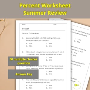 May include: A worksheet titled "Percent Worksheet Summer Review" with multiple-choice questions. The worksheet includes problems on finding percentages, with an answer key provided. The text is in black font on a white background.