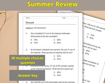 Percentage werkblad wiskunde zomer, percentage oefenen met getallen, geen voorbereiding wiskunde 5e-6e leerjaar, digitale download
