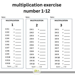 May include: A black and white printable worksheet with the title "multiplication exercise number 1-12". The worksheet is divided into three sections, each with a different multiplication table: 1, 2, and 3. Each section has 12 multiplication problems.