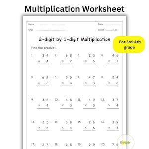 10 Arbeitsblätter zum Multiplizieren mit 2 Ziffern mal 1 Ziffern: Kopfrechnen, Matheübungen, Antworten (PDF)