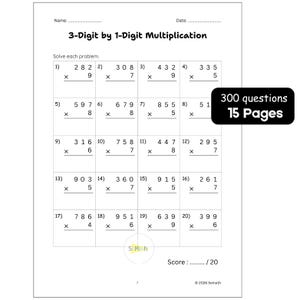 以下が含まれることがあります： 3-Digit by 1-Digit Multiplicationと題された数学のワークシートで、20問の計算問題が掲載されています。ページには300 questions 15 Pagesと書かれた黒いボックス、スコア記入欄、右下に2026 Semathというテキストが含まれています。