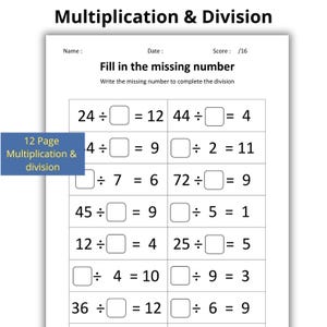 Könnte beinhalten: Ein weißes Arbeitsblatt mit dem Titel "Multiplikation & Division" und der Anweisung "Fülle die fehlende Zahl aus". Das Arbeitsblatt enthält Divisionsaufgaben mit fehlenden Zahlen. Eine blaue Box in der Ecke lautet "12 Page Multiplication & division."