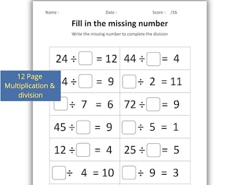 12 hojas de ejercicios imprimibles de multiplicación y división: completa el número que falta, ejercicios de matemáticas, matemáticas de tercer grado