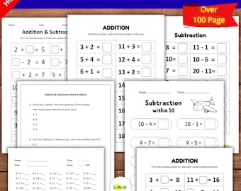 Addition Subtraction Worksheets Bundle | 1st & 2nd Grade Math Practice, Printable Workbooks, Homeschool Activities (PDF Download)