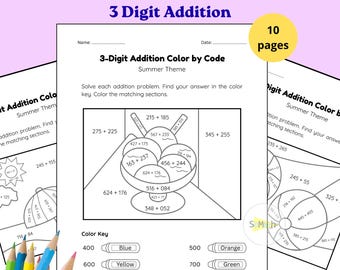 Summer Color By Number 3 Digit Addition Worksheets: 10 Printable Coloring Pages (PDF), 2nd 3rd Grade Math Review Packet