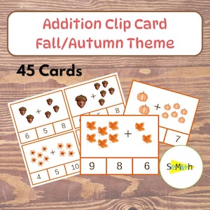 Addition Clip Cards up to 10 Fall Autumn Theme, Instant Download, Montessori Card, Addition Game, Math Activity, Printable, Math Flashcards