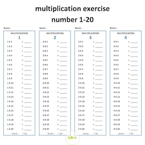 Printable Multiplication Worksheets, Fill in the Blanks, Single & Double Digit Printable Multiplication Drill Number 1 - 20, 3rd grade math